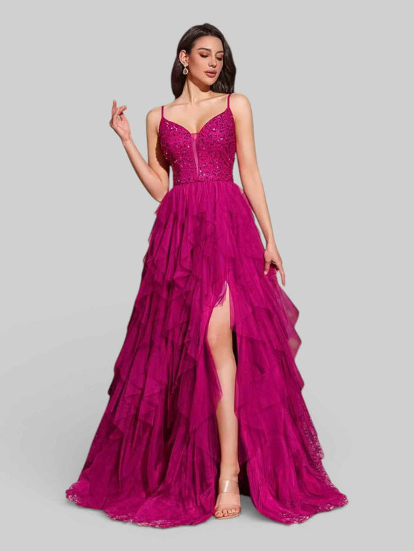 Vestido Longo de Festa em Camadas Cascata em Tule Debut