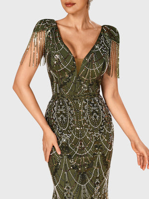 Vestido de Festa Longo Premium Paetê com Franjas Hilton