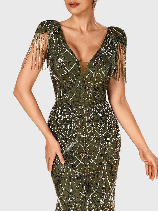 Vestido de Festa Longo Premium Paetê com Franjas Hilton