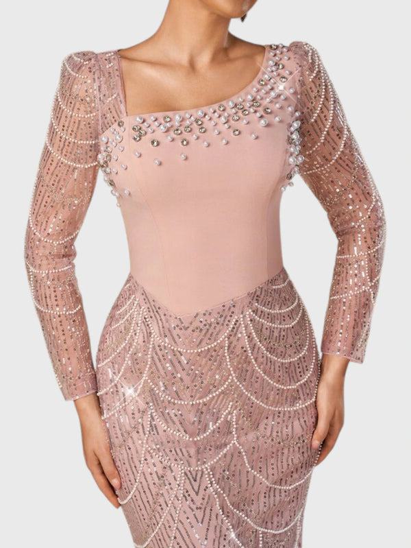 Vestido de Festa Premium Manga Longa com Bordado e Apliques Pérolado