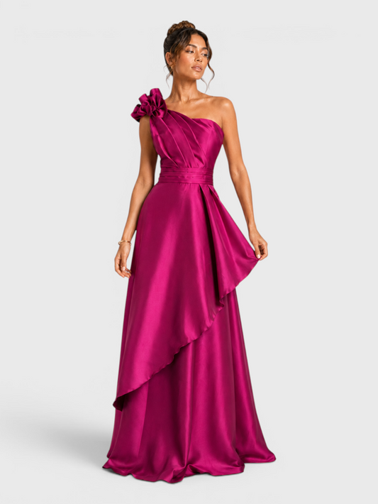 Vestido de Festa Longo Nula Manga com Flor Drape