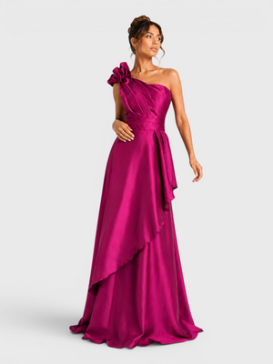 Vestido de Festa Longo Nula Manga com Flor Drape