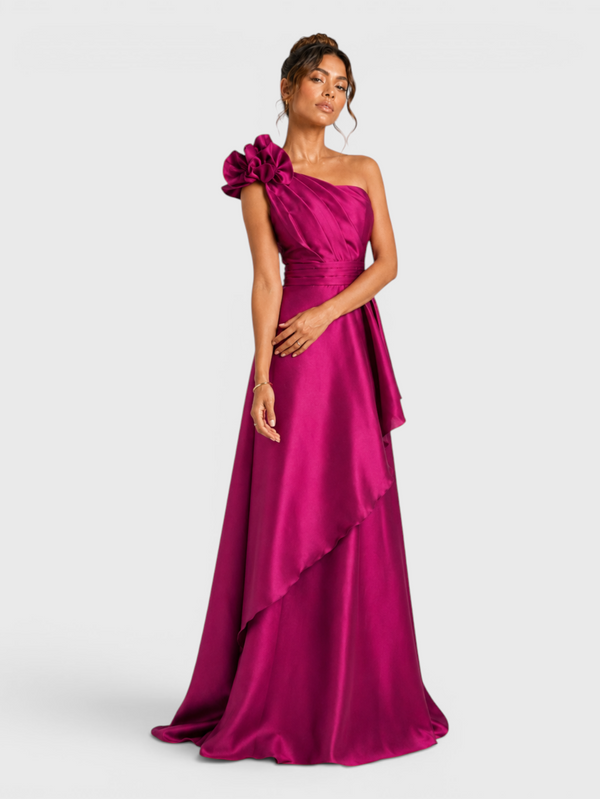 Vestido de Festa Longo Nula Manga com Flor Drape