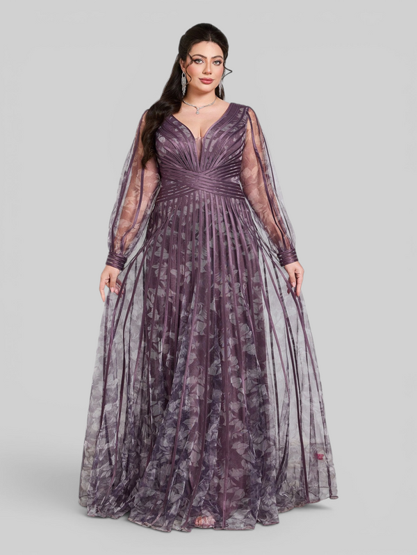 Vestido de Festa Manga Longa Gola V Folhagem