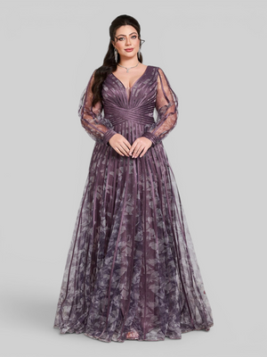 Vestido de Festa Manga Longa Gola V Folhagem