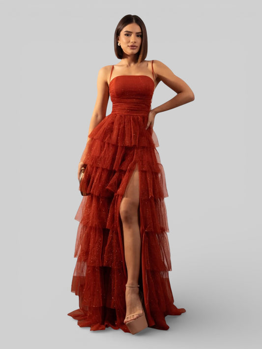 Vestido de Festa Longo com Brilho em Camadas Dublin - Aurea Dress