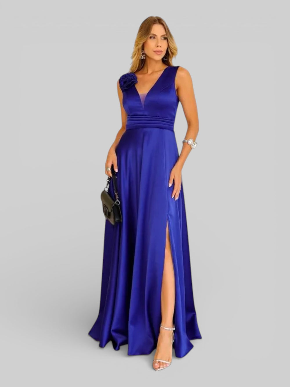 Vestido de Festa Drapeado Acetinado Flowers - Aurea Dress