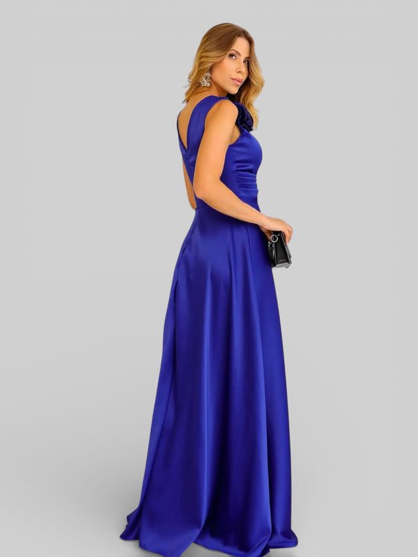 Vestido de Festa Drapeado Acetinado Flowers - Aurea Dress