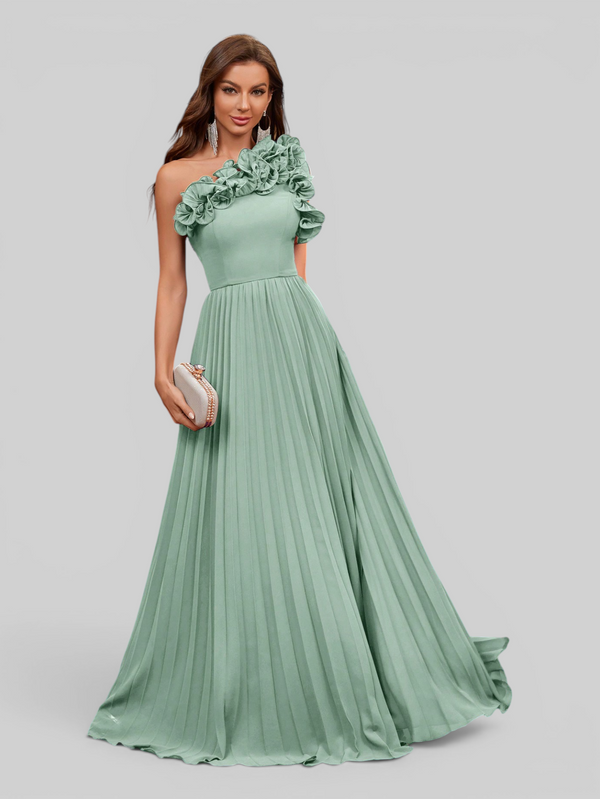 Vestido Longo de Festa Plissado com Flores
