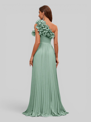 Vestido Longo de Festa Plissado com Flores