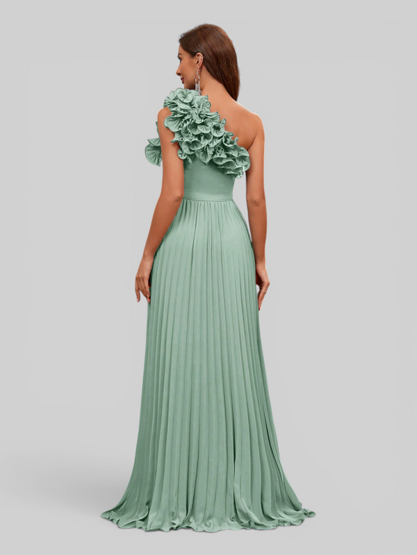 Vestido Longo de Festa Plissado com Flores