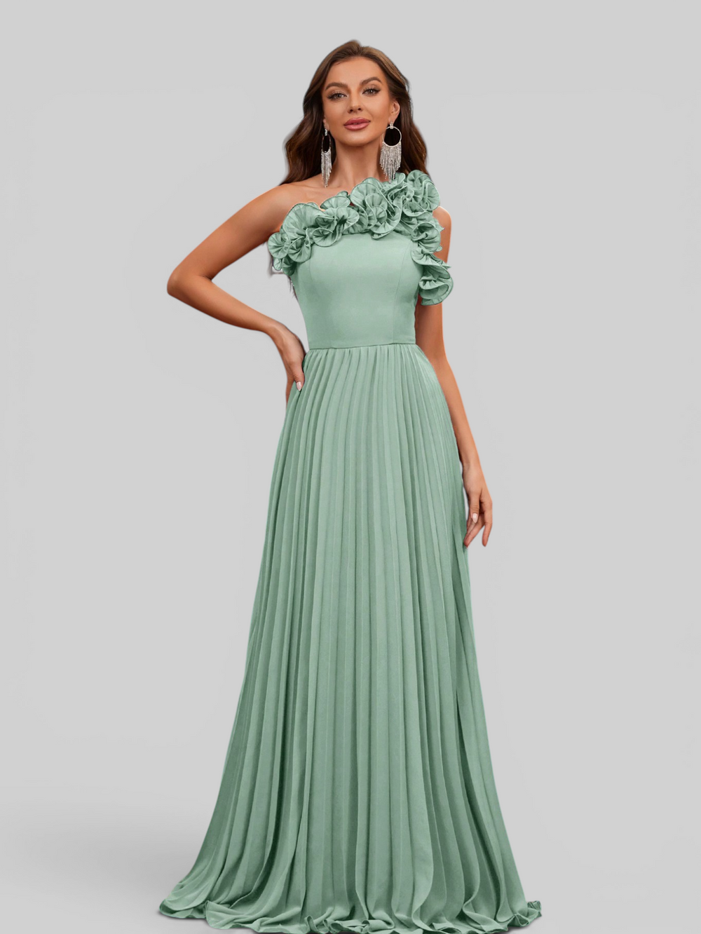 Vestido Longo de Festa Plissado com Flores