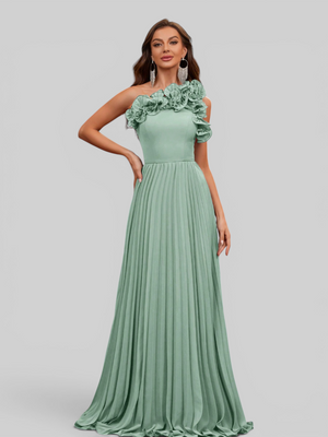 Vestido Longo de Festa Plissado com Flores