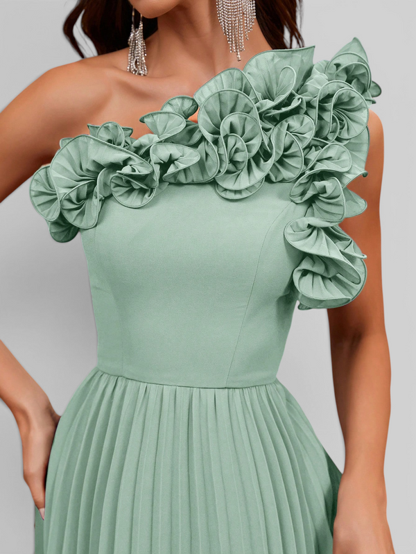 Vestido Longo de Festa Plissado com Flores