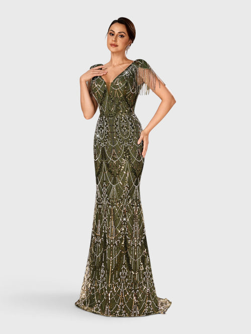 Vestido de Festa Longo Premium Paetê com Franjas Hilton
