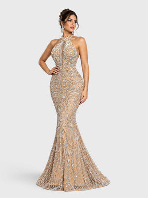 Vestido de Festa Longo Premium Gola Halter Pérolas Stella