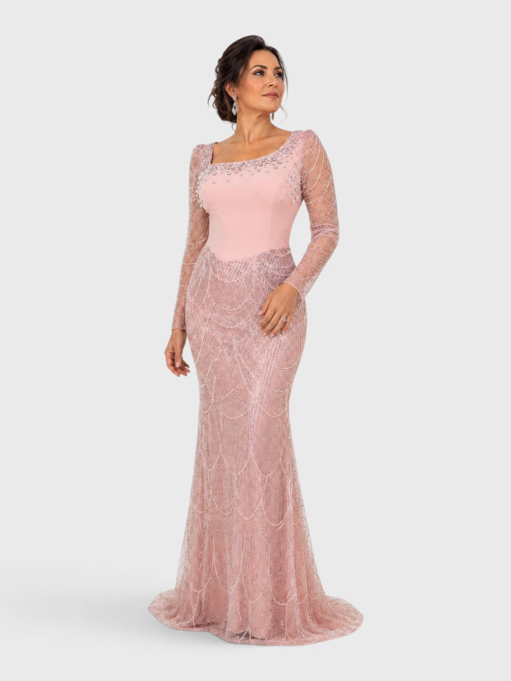 Vestido de Festa Premium Manga Longa com Bordado e Apliques Pérolado