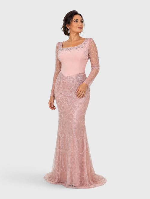 Vestido de Festa Premium Manga Longa com Bordado e Apliques Pérolado