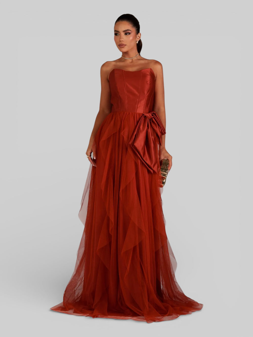 Vestido de Festa sem Alças Cascata com Laço