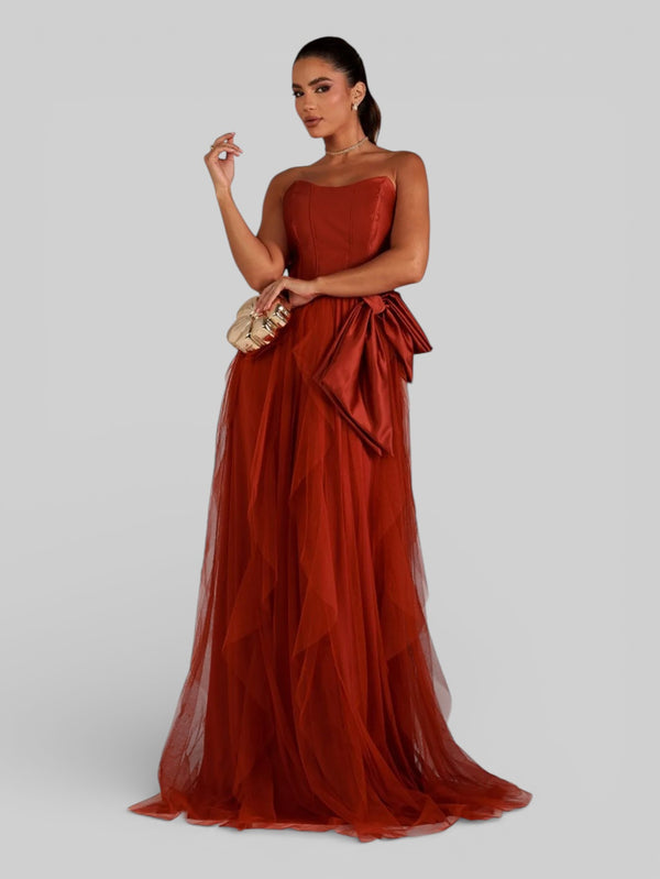 Vestido de Festa sem Alças Cascata com Laço - Aurea Dress