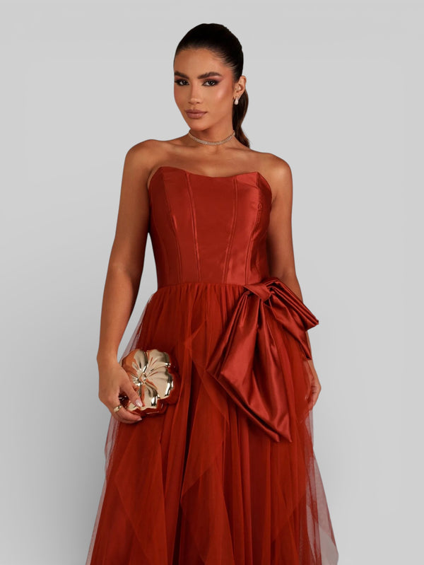 Vestido de Festa sem Alças Cascata com Laço - Aurea Dress