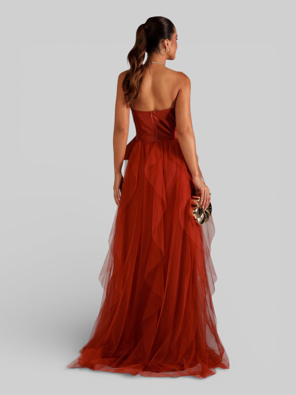 Vestido de Festa sem Alças Cascata com Laço