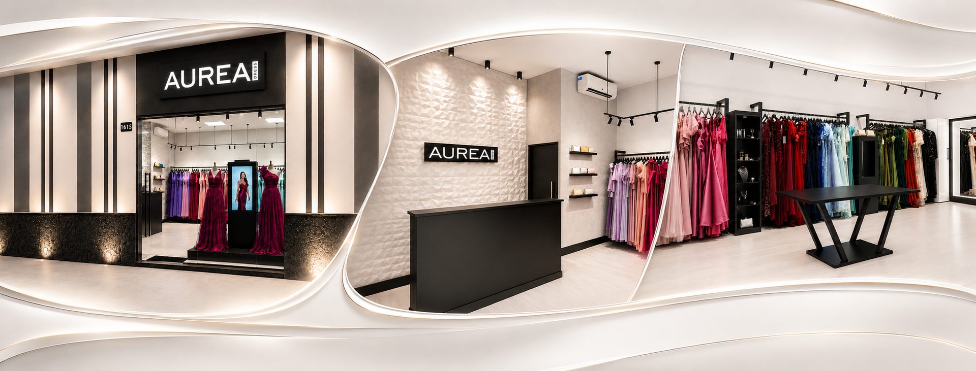 Fachada, recepção e salão de vestidos da loja física Aurea Dress, no Tatuapé