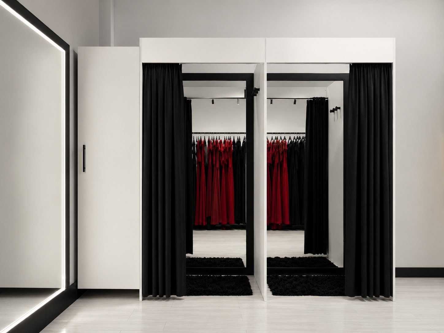 Provadores da loja física Aurea Dress, com cortinas pretas e espelhos, em ambiente claro