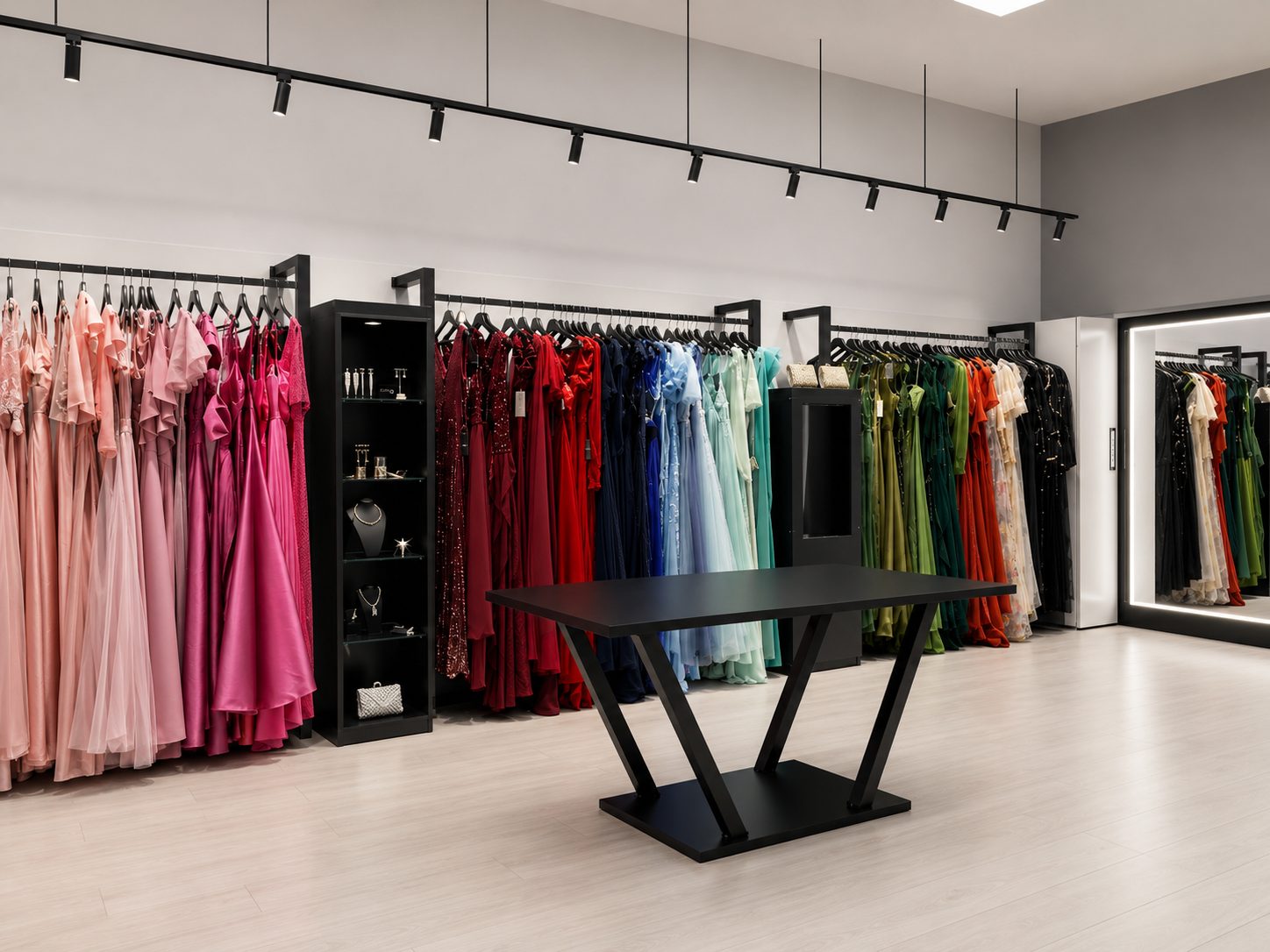 Salão da loja física Aurea Dress com vestidos de festa em tons de rosa, vermelho, azul e verde e vitrines de acessórios