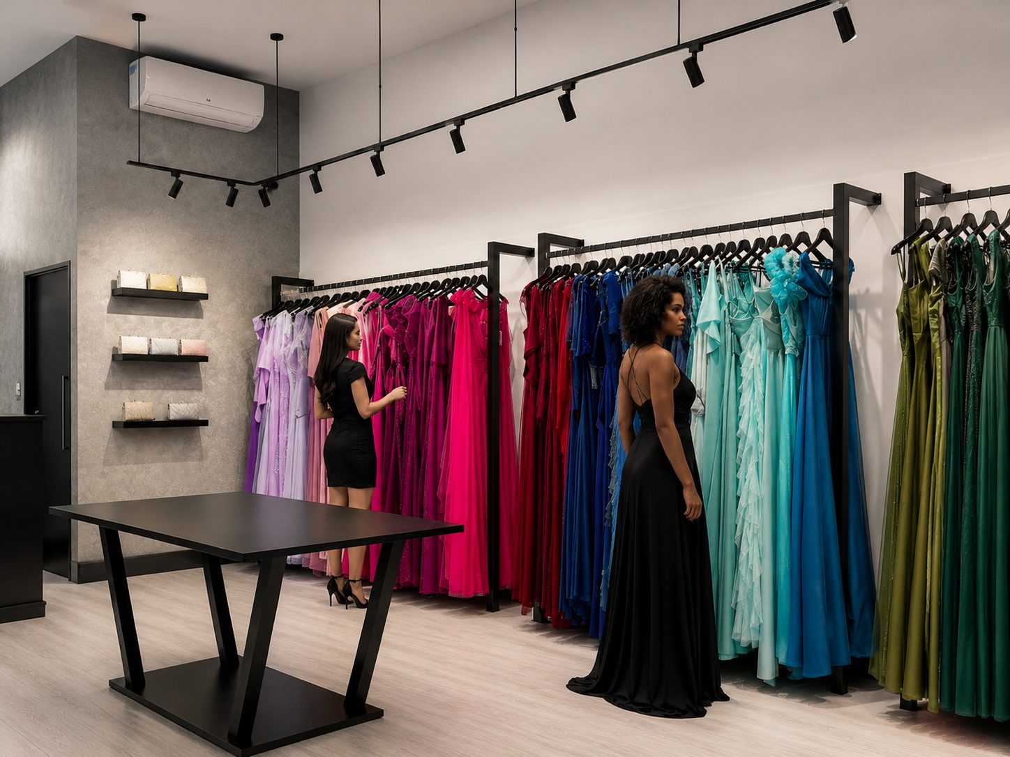 Araras de vestidos de festa organizadas por cor no salão da loja física Aurea Dress, com uma cliente escolhendo entre os modelos