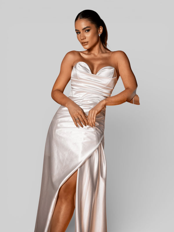 Vestido Longo de Festa sem Alças Drapeado com Fenda Morana - Aurea Dress