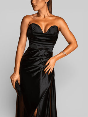 Vestido Longo de Festa sem Alças Drapeado com Fenda Morana - Aurea Dress