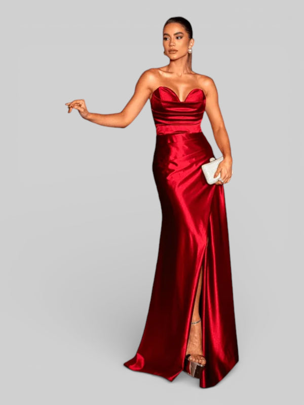 Vestido Longo de Festa sem Alças Drapeado com Fenda Morana - Aurea Dress