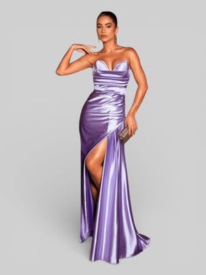 Vestido Longo de Festa sem Alças Drapeado com Fenda Morana - Aurea Dress