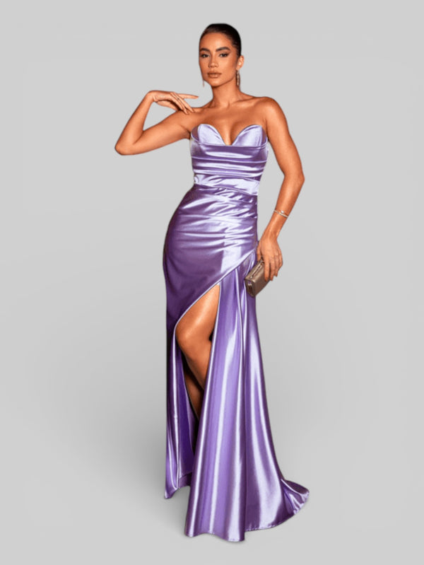 Vestido Longo de Festa sem Alças Drapeado com Fenda Morana - Aurea Dress