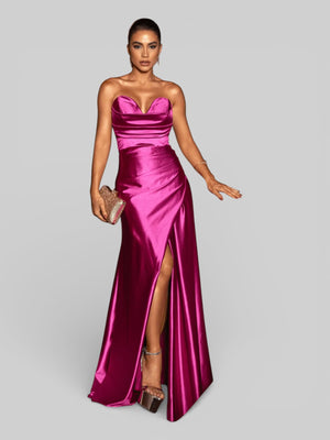 Vestido Longo de Festa sem Alças Drapeado com Fenda Morana - Aurea Dress