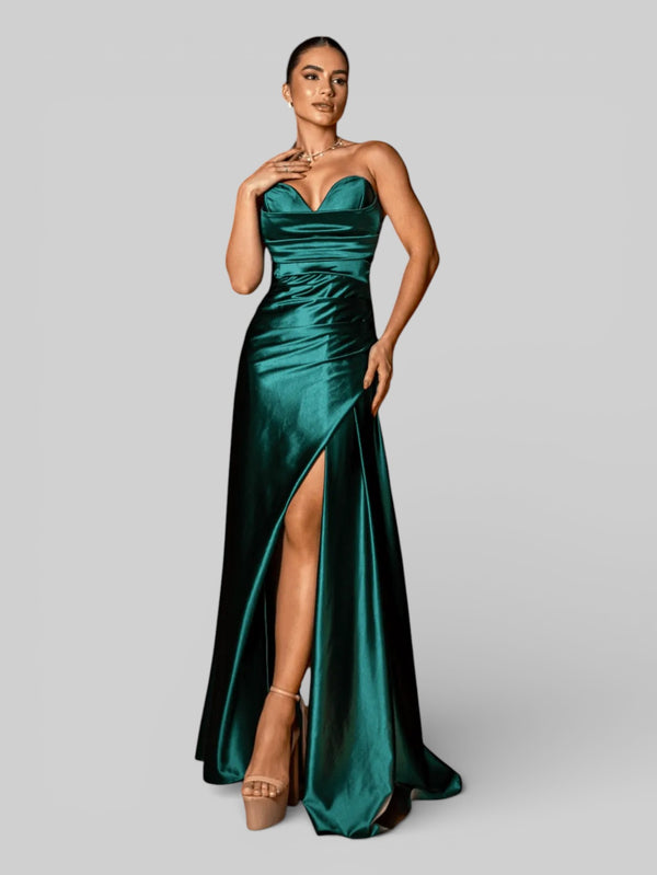 Vestido Longo de Festa sem Alças Drapeado com Fenda Morana - Aurea Dress