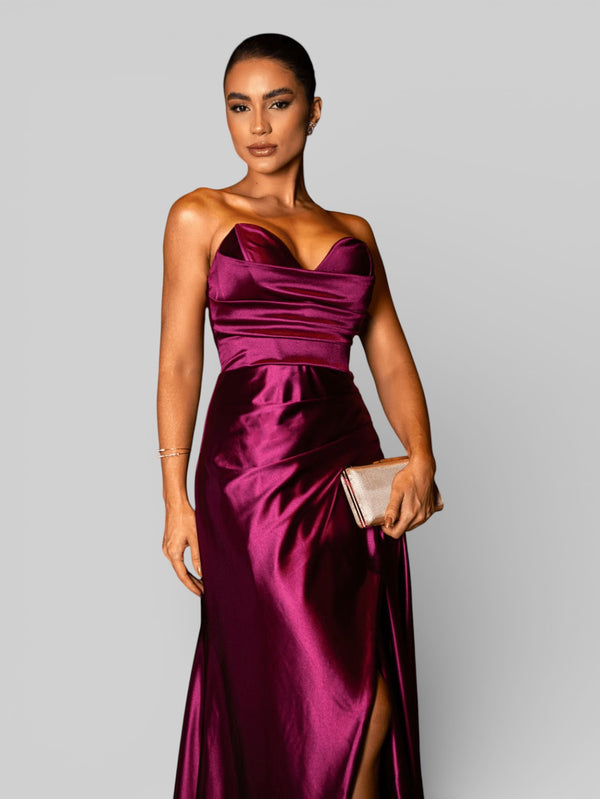 Vestido Longo de Festa sem Alças Drapeado com Fenda Morana - Aurea Dress