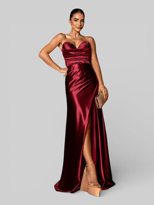 Vestido Longo de Festa sem Alças Drapeado com Fenda Morana - Aurea Dress