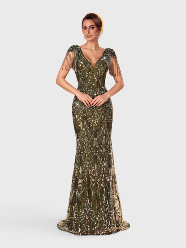 Vestido de Festa Longo Premium Paetê com Franjas Hilton