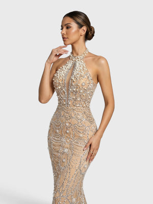 Vestido de Festa Longo Premium Gola Halter Pérolas Stella