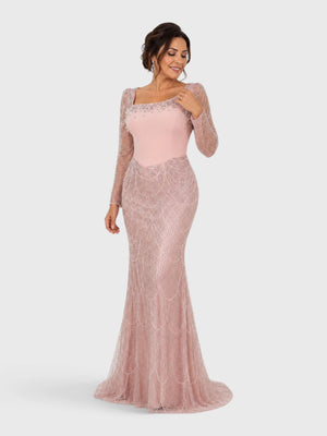 Vestido de Festa Premium Manga Longa com Bordado e Apliques Pérolado