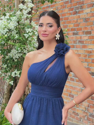 Vestido de Festa Longo Alça Única Camadas com Brilho Flowers