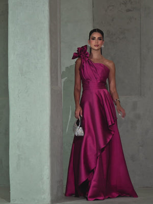 Vestido de Festa Longo Nula Manga com Flor Drape