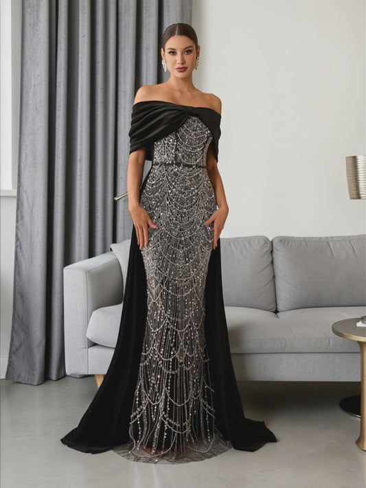 Vestido de Festa Longo Ombro a Ombro Laço Couture
