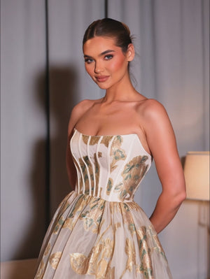 Vestido de Festa Longo Corpete Estampando Primavera