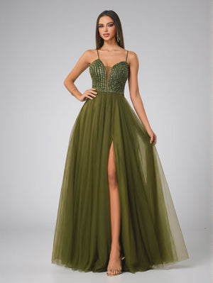 Vestido de Festa Longo Paetê Dubai Oliva
