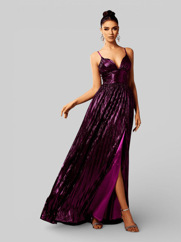 Vestido de Festa Alças Finas Plissado Metalizado - Aurea Dress
