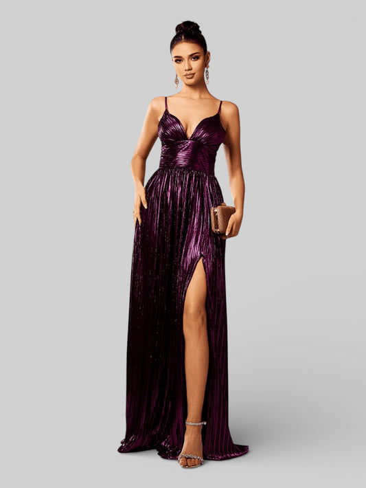 Vestido de Festa Alças Finas Plissado Metalizado - Aurea Dress