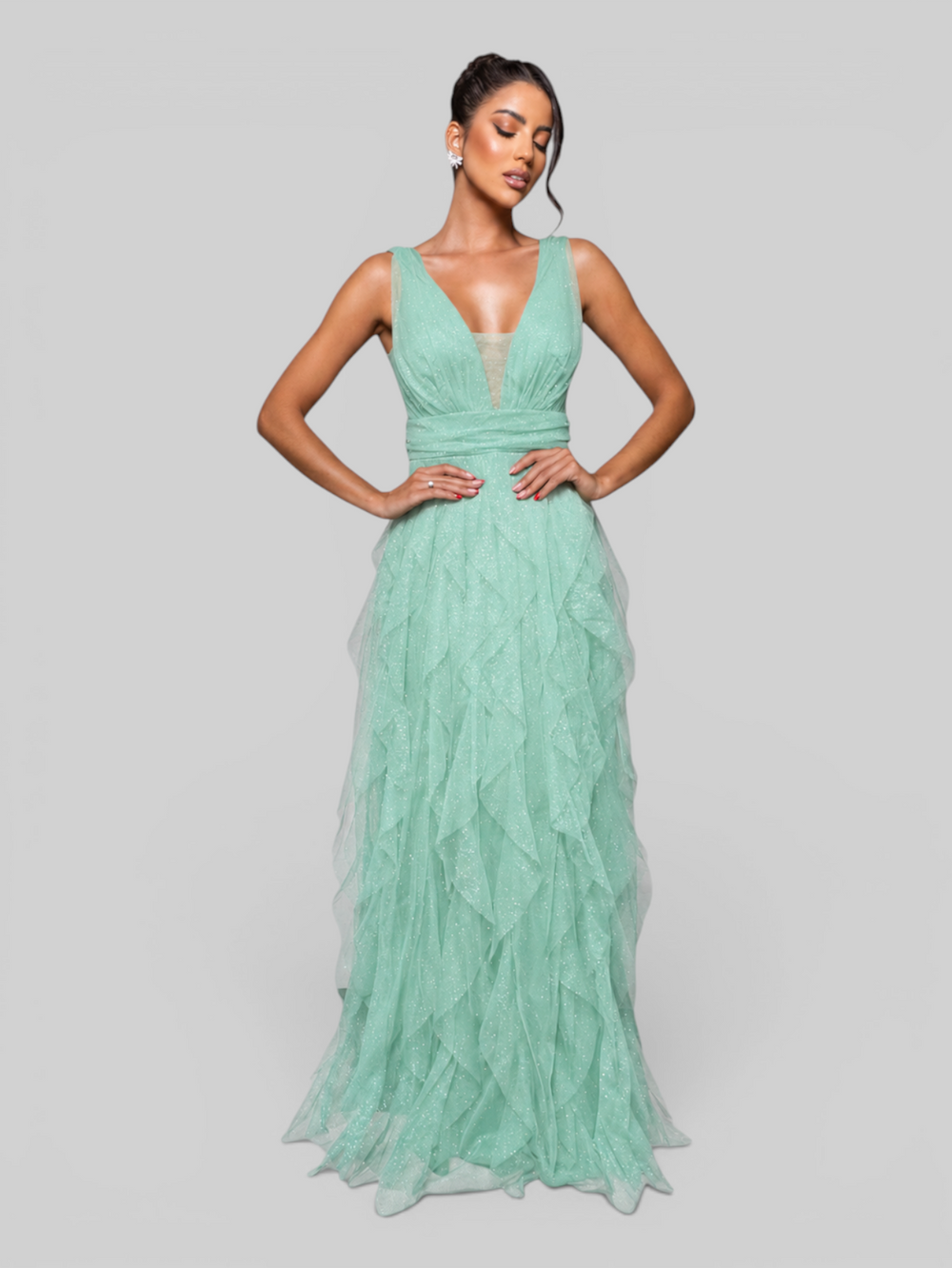 Vestido de Festa Longo com Alças Camadas Cascata com Brilho